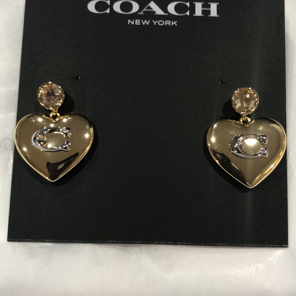 Coach gold plated puffy heart shape citrine gemstone look dangling stud earrings - Picture 1 of 14